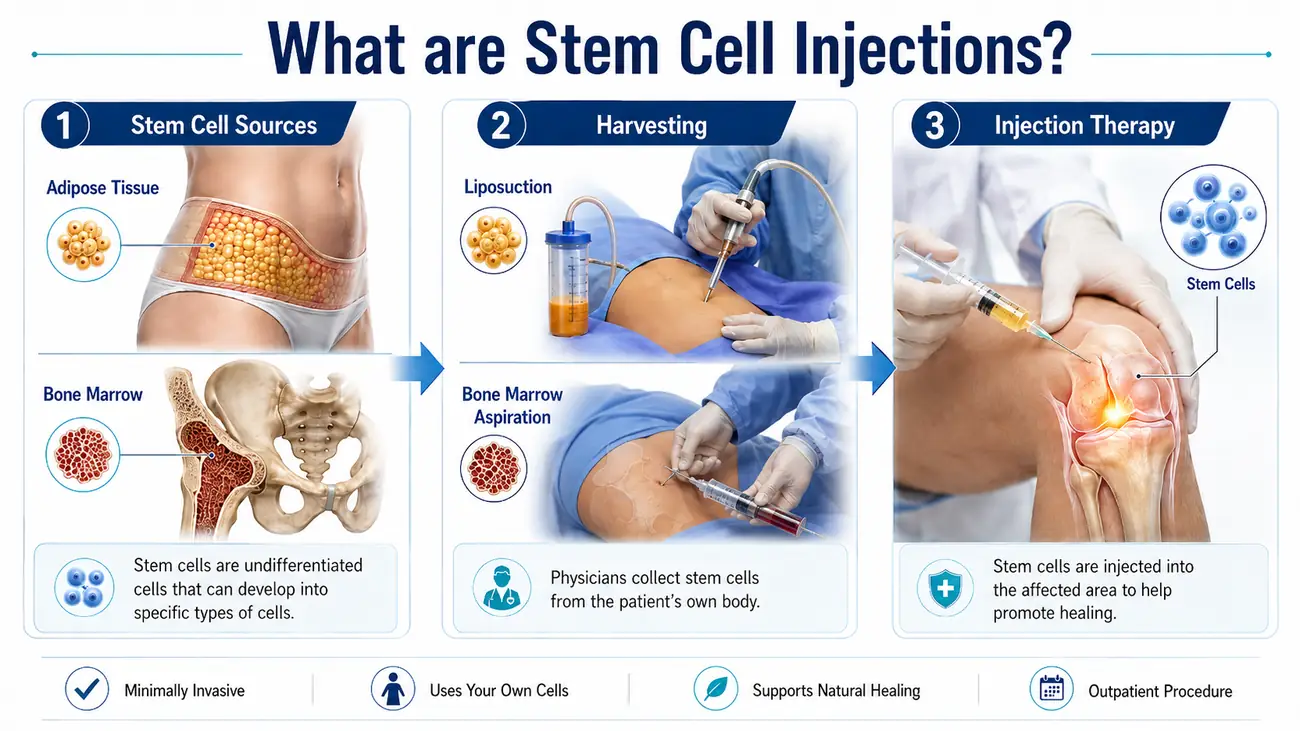 What are stem cell injections medical diagram showing stem cell sources harvesting and injection therapy