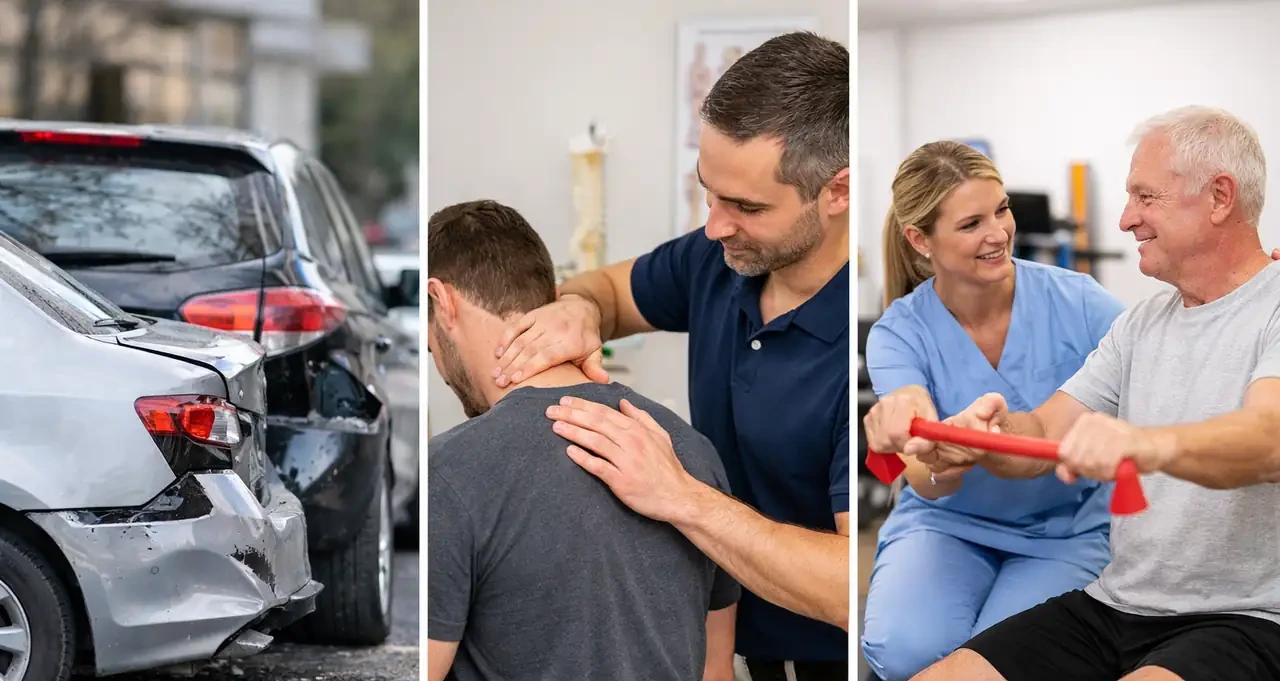 Car accident recovery collage showing rear-end crash damage, chiropractic neck treatment, and physical therapy rehab session in Everett WA