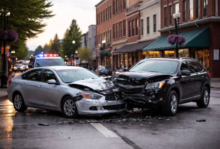 Car accident crash scene on a wet downtown street near Everett, WA with two damaged vehicles and emergency lights