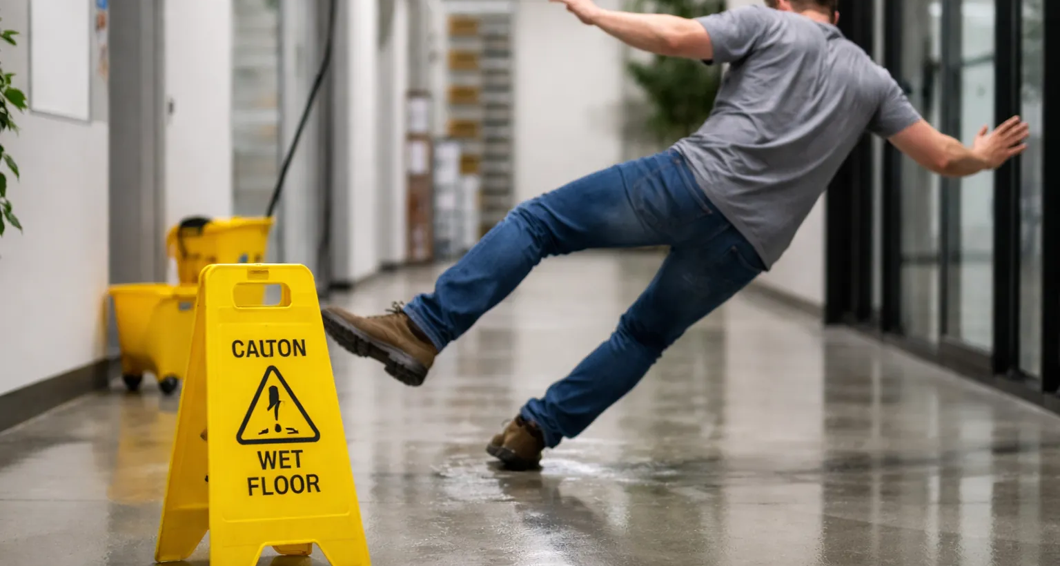 Workplace slip and fall on a wet floor in a hallway with caution sign, showing common work injury risk