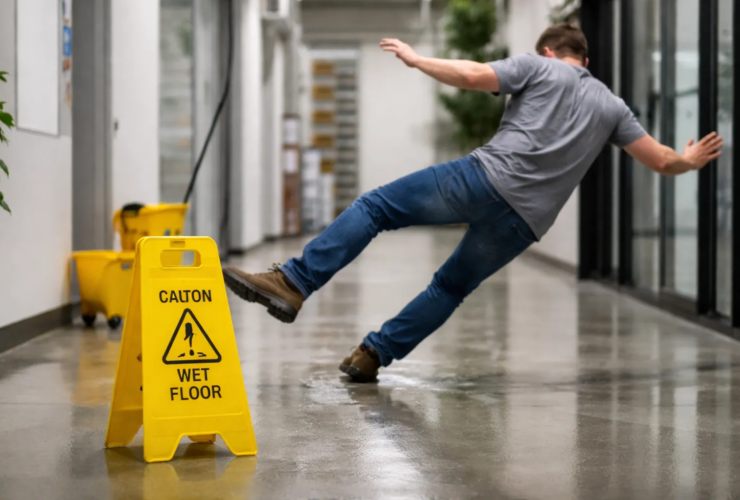 Workplace slip and fall on a wet floor in a hallway with caution sign, showing common work injury risk