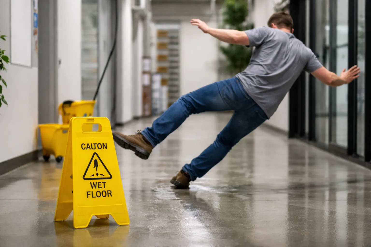 Workplace slip and fall on a wet floor in a hallway with caution sign, showing common work injury risk