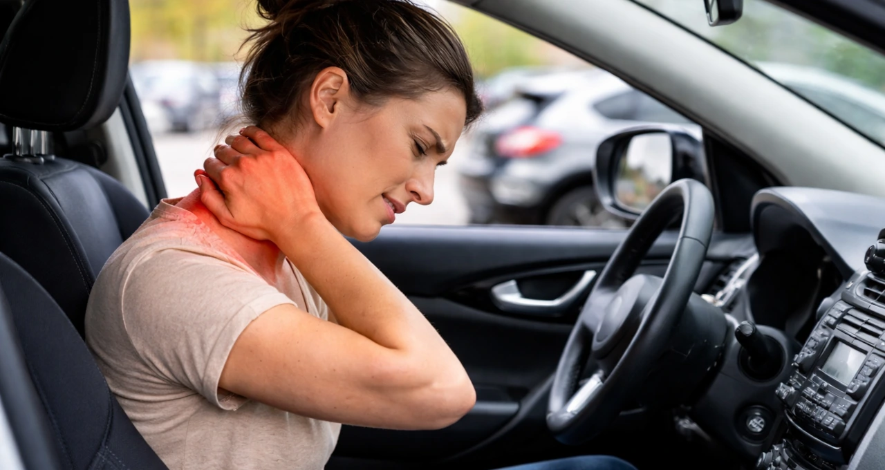 Woman sitting in a car holding her neck with delayed pain after a car accident Title: Delayed Neck Pain After a Car Accident in Everett WA