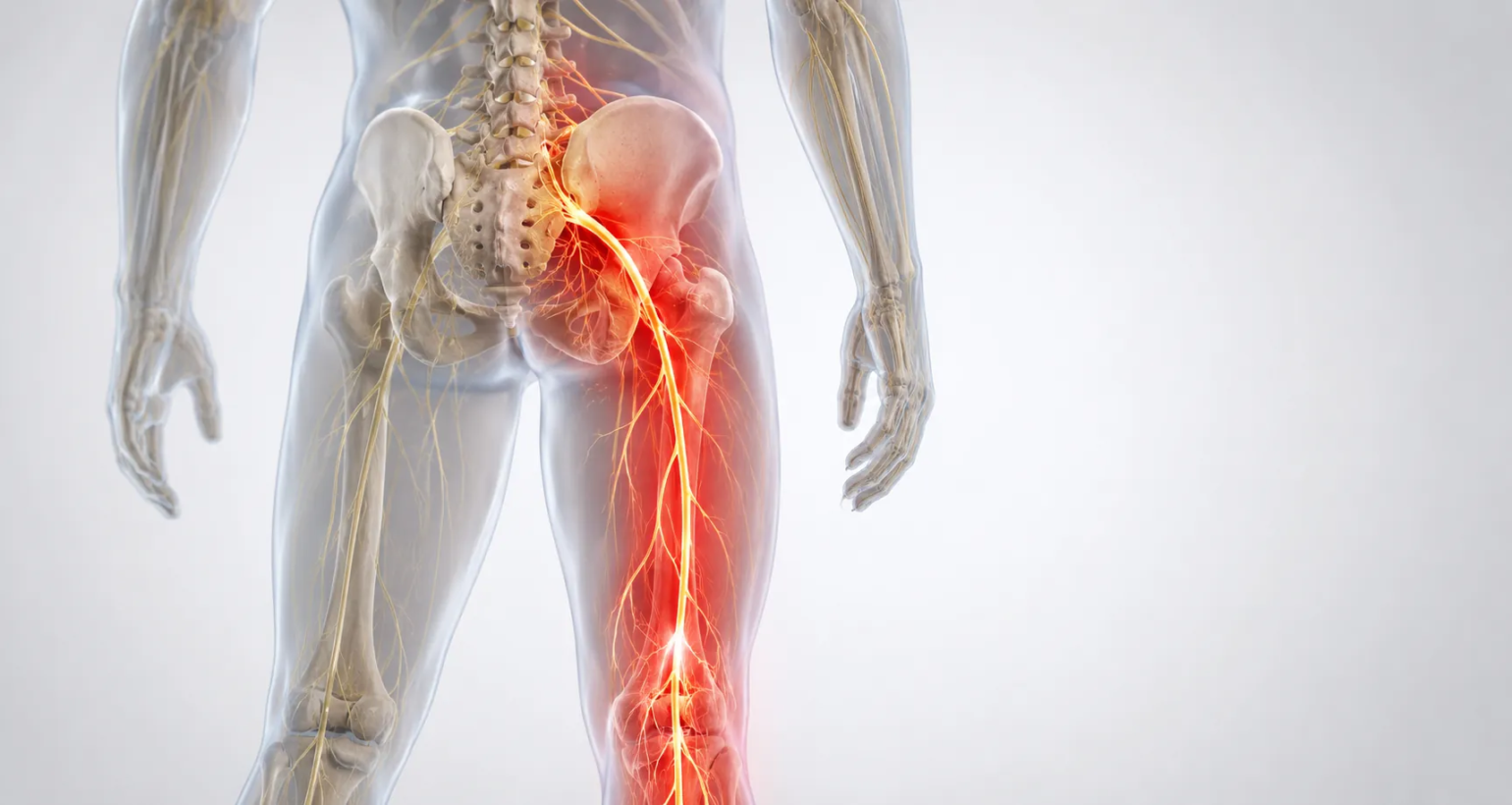 Anatomical illustration showing sciatic nerve pain radiating from the lower spine through the buttock and down the leg