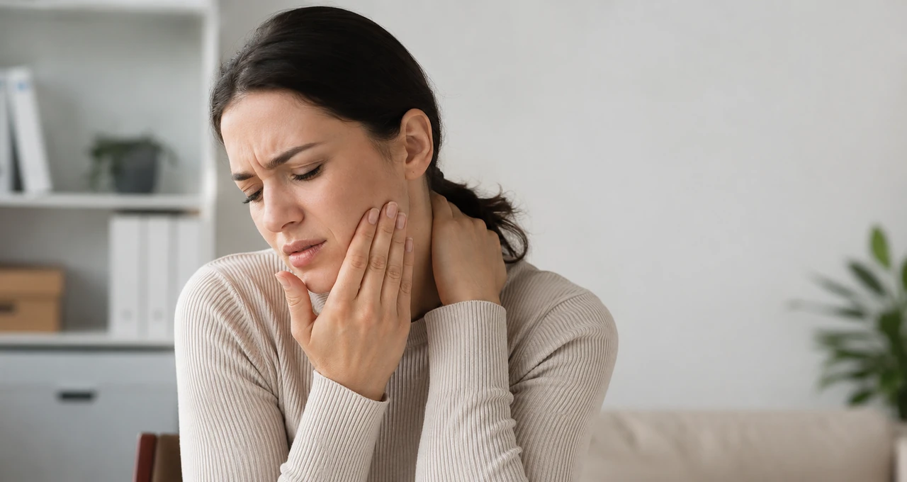 Person holding their jaw and neck with discomfort from possible TMJ-related headache, neck tension, and jaw pain