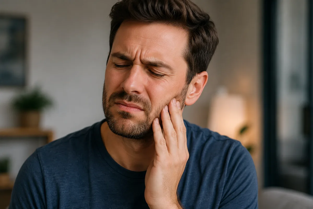 Man holding his jaw due to TMJ pain, headaches, and neck tension