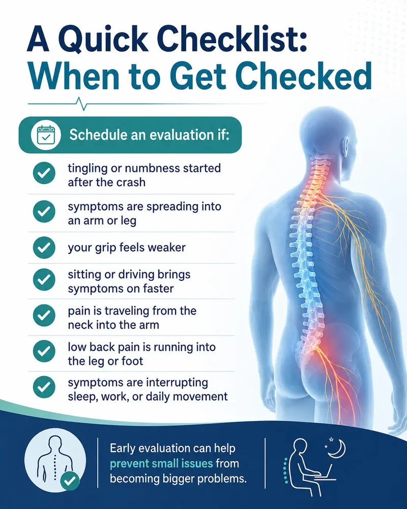 A quick checklist: when to get checked Schedule an evaluation if tingling or numbness started after the crash symptoms are spreading into an arm or leg your grip feels weaker sitting or driving brings symptoms on faster pain is traveling from the neck into the arm low back pain is running into the leg or foot symptoms are interrupting sleep, work, or daily movement