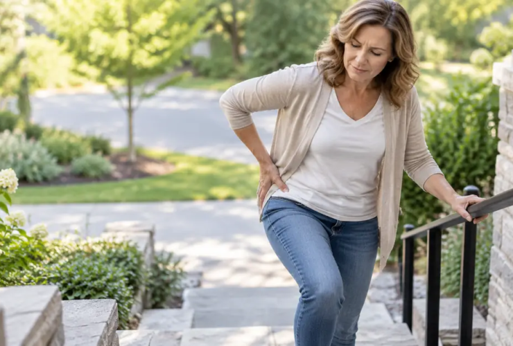 Woman experiencing hip pain while climbing outdoor stairs and holding her hip for support